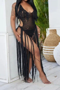 Solid Color Backless Romantic Crochet Cutout Tassel Beachwear -Clothing Outlet Store H22050361 BK 4