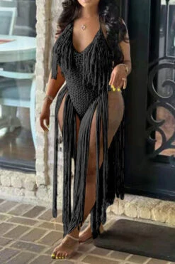 Solid Color Backless Romantic Crochet Cutout Tassel Beachwear -Clothing Outlet Store H22050361 BK 5