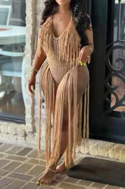 Solid Color Backless Romantic Crochet Cutout Tassel Beachwear -Clothing Outlet Store H22050361 KH 1