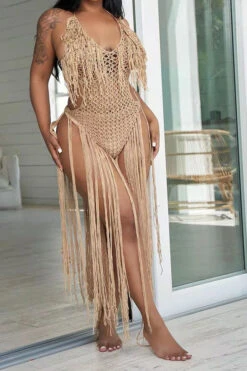 Solid Color Backless Romantic Crochet Cutout Tassel Beachwear -Clothing Outlet Store H22050361 KH 2