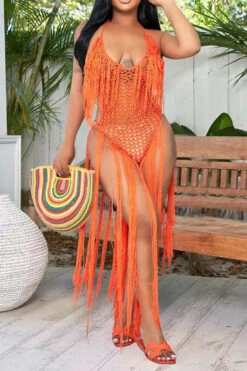 Solid Color Backless Romantic Crochet Cutout Tassel Beachwear