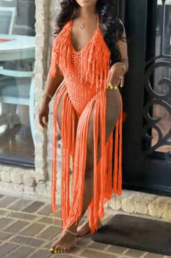 Solid Color Backless Romantic Crochet Cutout Tassel Beachwear -Clothing Outlet Store H22050361 OR 3