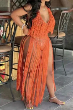 Solid Color Backless Romantic Crochet Cutout Tassel Beachwear -Clothing Outlet Store H22050361 OR 4
