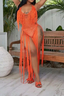 Solid Color Backless Romantic Crochet Cutout Tassel Beachwear -Clothing Outlet Store H22050361 OR 5
