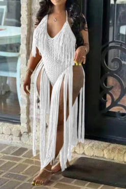 Solid Color Backless Romantic Crochet Cutout Tassel Beachwear -Clothing Outlet Store H22050361 WH 1