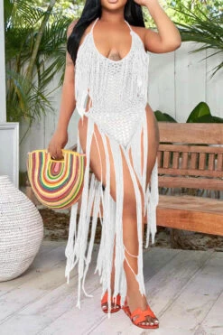 Solid Color Backless Romantic Crochet Cutout Tassel Beachwear -Clothing Outlet Store H22050361 WH 2