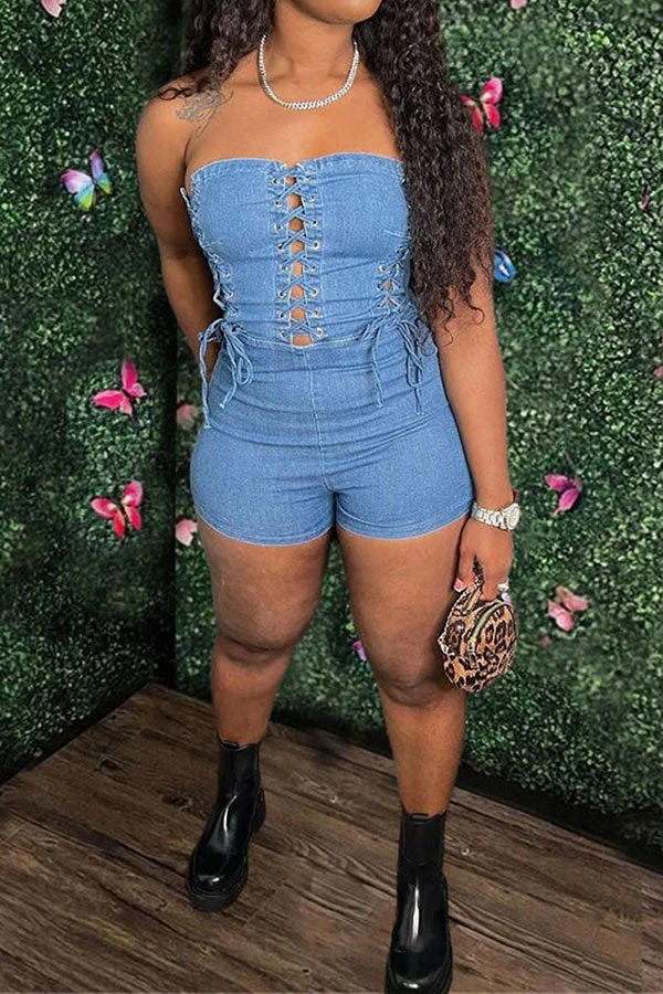 Solid Color On-trend Eyelets Strappy Denim Romper 1 Solid Color On-trend Eyelets Strappy Denim Romper
