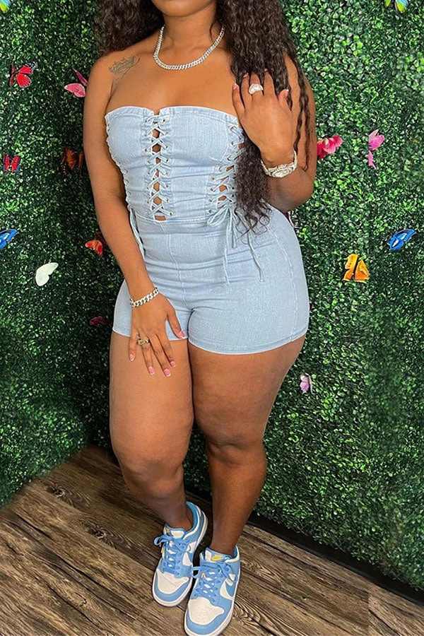 Solid Color On-trend Eyelets Strappy Denim Romper 2 Solid Color On-trend Eyelets Strappy Denim Romper - Image 2