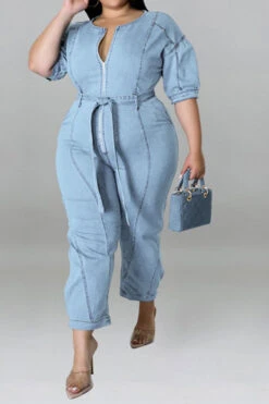Solid Color Casual Zipper Denim Jumpsuit With Belt -Clothing Outlet Store H22051108 LB 1