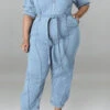 Solid Color Casual Zipper Denim Jumpsuit With Belt