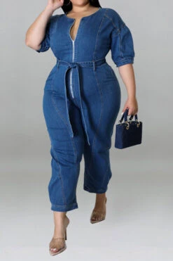 Solid Color Casual Zipper Denim Jumpsuit With Belt -Clothing Outlet Store H22051108 NB 1