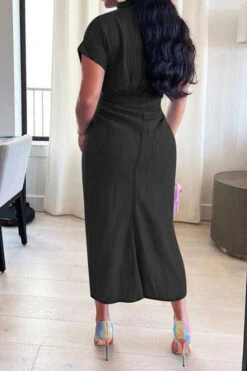 Solid Color Single Breasted On-trend Tie Front Ruched Denim Midi Dress -Clothing Outlet Store H22051176 BK 2