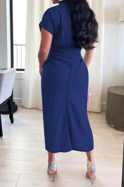 Solid Color Single Breasted On-trend Tie Front Ruched Denim Midi Dress -Clothing Outlet Store H22051176 NB 2