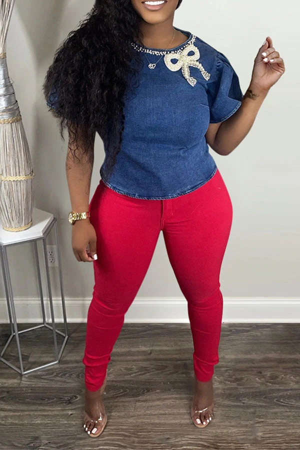 Beaded Bowknot Design Cute Denim T-Shirt 2 Beaded Bowknot Design Cute Denim T-Shirt - Image 2