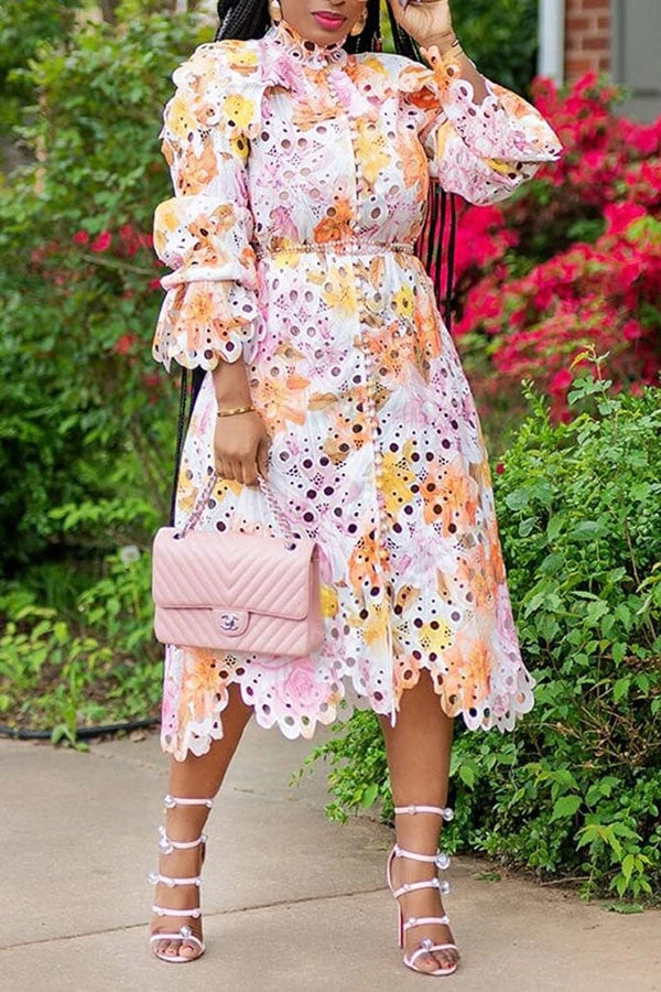 Floral Print Lace Stylish Single Breasted Midi Dress 1 Floral Print Lace Stylish Single Breasted Midi Dress