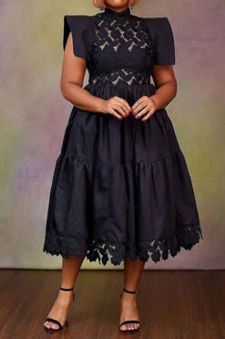 Lace Patchwork Cutout Retro Tiered Midi Dress -Clothing Outlet Store H22053136 BK 2 54f43a11 99c0 48fc 8a59 35a12b1adecc