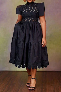 Lace Patchwork Cutout Retro Tiered Midi Dress