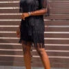 Black Smart Patchwork Tiered Tassel Mini Dress