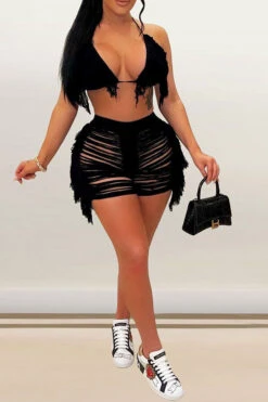 Solid Color Classic Ripped Cutout Tassel Knitted Beachwear -Clothing Outlet Store H22060529 BK 1 cb516165 cfa6 4c27 b5f5 5ea280229c83