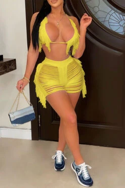 Solid Color Classic Ripped Cutout Tassel Knitted Beachwear