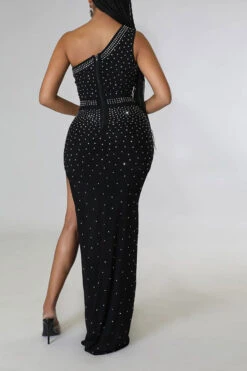 Rhinestone Feminine One Shoulder High Split Maxi Dress -Clothing Outlet Store H22061452 BK 3 b3eb727f e58c 4f28 be6f 96306410ea8a