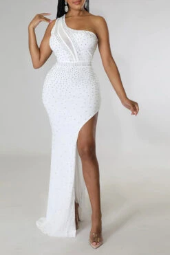 Rhinestone Feminine One Shoulder High Split Maxi Dress