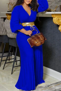 Solid Color On-trend Pleated Wide Leg Jumpsuit With Belt -Clothing Outlet Store H22061453 BL 1