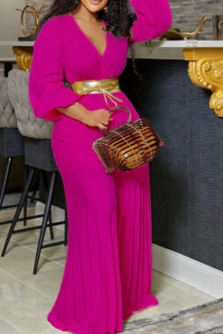 Solid Color On-trend Pleated Wide Leg Jumpsuit With Belt -Clothing Outlet Store H22061453 RR 1