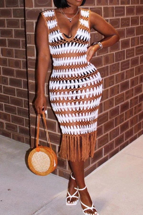 Wavy Lines Crochet Cutout Stunning Tassel Midi Dress Beachwear 1 Wavy Lines Crochet Cutout Stunning Tassel Midi Dress Beachwear