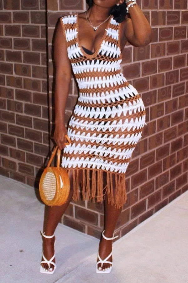 Wavy Lines Crochet Cutout Stunning Tassel Midi Dress Beachwear 7 Wavy Lines Crochet Cutout Stunning Tassel Midi Dress Beachwear - Image 7