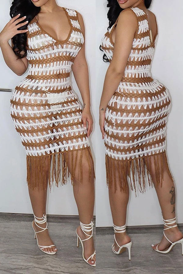 Wavy Lines Crochet Cutout Stunning Tassel Midi Dress Beachwear 4 Wavy Lines Crochet Cutout Stunning Tassel Midi Dress Beachwear - Image 4