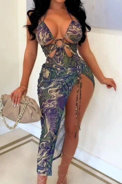 Ripple Print Feminine O-Ring Cutout Lace-Up Three Pieces -Clothing Outlet Store H22061464 BL 1 639ebb00 ddc1 4e0a 874d e3c10efef4d0