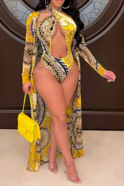 Gold Retro Floral Print Cutout Elegant Three Pieces