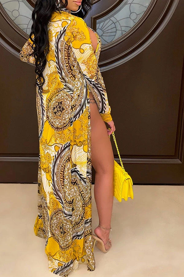 Gold Retro Floral Print Cutout Elegant Three Pieces 2 Gold Retro Floral Print Cutout Elegant Three Pieces - Image 2