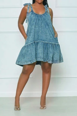 Denim Girly Tie Strap Ruffle Swing Mini Dress -Clothing Outlet Store H22062034 BL 2 3b717885 15c6 416b 94af 20f431940943