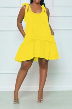 Denim Girly Tie Strap Ruffle Swing Mini Dress -Clothing Outlet Store H22062034 YE 1 6046d0fd d54b 4951 b55c 27ced5586962