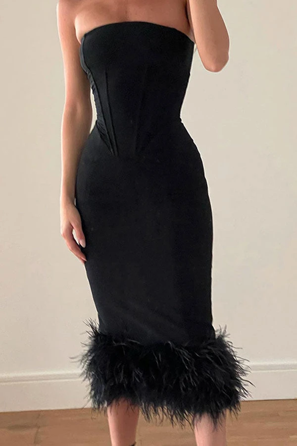Black Stunning Feather Patchwork Bodycon Midi Dress 3 Black Stunning Feather Patchwork Bodycon Midi Dress - Image 3