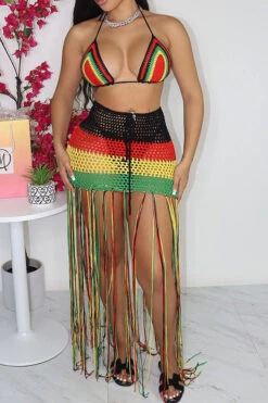 Rainbow Romantic Crochet Cutout Tassel Dress Suit Beachwear