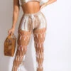 Color Block Feminine Fishnet Crochet Cutout Pant Suit Beachwear