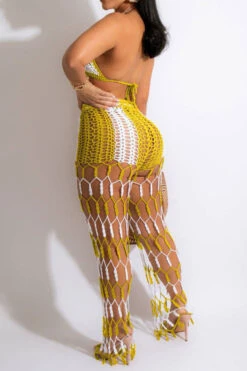 Color Block Feminine Fishnet Crochet Cutout Pant Suit Beachwear -Clothing Outlet Store H22062061 YE 2 0fcd97a6 0b8d 415c a70d c2404adb8327