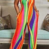 Colorful Striped Tie Back Wide Leg Jumpsuit