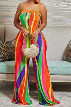Colorful Striped Tie Back Wide Leg Jumpsuit -Clothing Outlet Store H22062257 RT 3