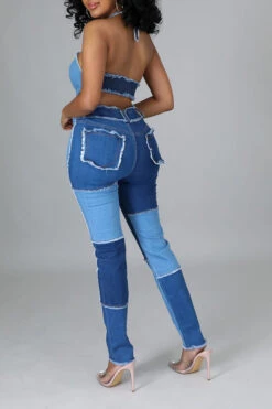 Color Block Burrs Patchwork Unique Cutout Denim Pant Suit -Clothing Outlet Store H22071128 BL 4