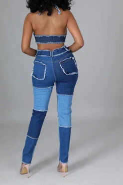 Color Block Burrs Patchwork Unique Cutout Denim Pant Suit -Clothing Outlet Store H22071128 BL 5