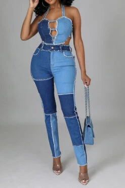 Color Block Burrs Patchwork Unique Cutout Denim Pant Suit -Clothing Outlet Store H22071128 BL 6