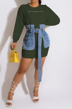 Letter Embroidery Modern Denim Patchwork Belted Mini Dress -Clothing Outlet Store H22071402 AG 1 0c848a66 1a29 4f24 adab dea40948d828