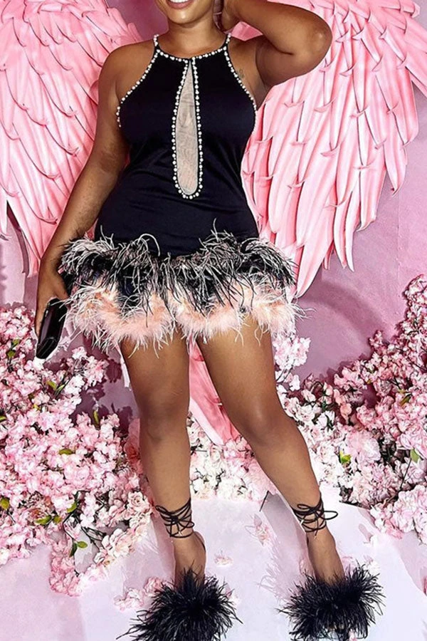 Beaded Decor Mesh Patchwork Dramatic Feather Hem Mini Dress 1 Beaded Decor Mesh Patchwork Dramatic Feather Hem Mini Dress