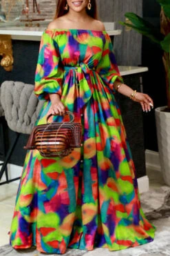 Colorful Abstract Print Off Shoulder Belted Maxi Dress -Clothing Outlet Store H22071867 RT 1 a994ba33 5c5f 417c a2af 8b457b248125