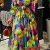 Colorful Abstract Print Off Shoulder Belted Maxi Dress