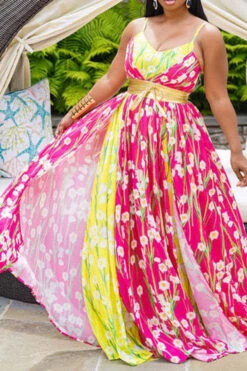 Floral Print Stunning Lace-Up Hit Color Layered High Split Maxi Dress